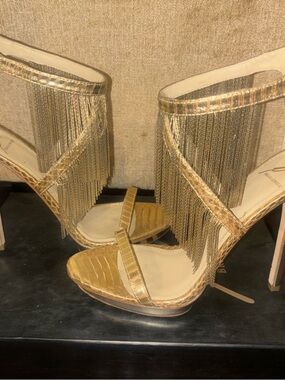 Brian Atwood Salsa Gold Fringe High Heel Sandals - Women 8.5